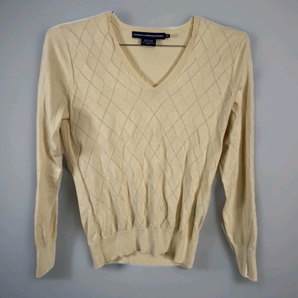 Ralph Lauren Sport Sweater Womens Medium Beige V Neck Argyle 100% Pima Cotton‎